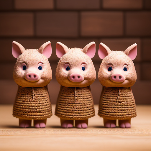 Three little pigs standing upright like humans. one holding straw, one holding sticks, and one holding a brick. in disney painted style