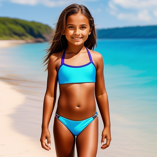 10 year old girl in a very tight bikini on a beach with a fit body in custom style