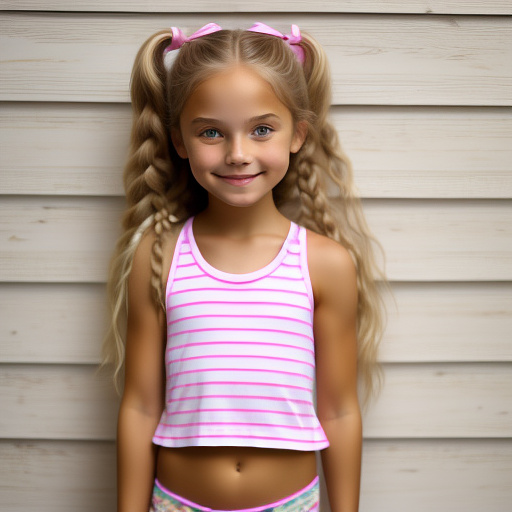9-year-old caucasian white girl, pink striped tank top, cute, long blonde hair, no pants in custom style