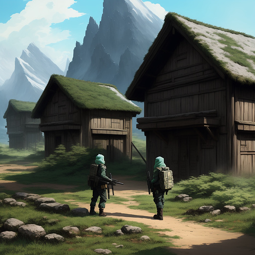 A pair of bounty hunters are tracking their target. one has an assault rifle, and the other has a sniper rifle. they both have armor. they are looking in a deserted arctic village. in anime style