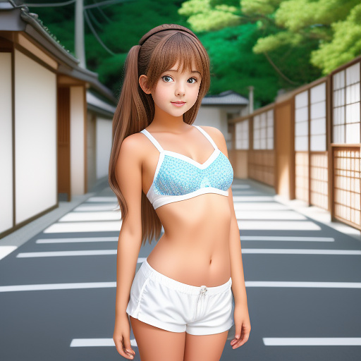 Little girl in camera, whit shorts and swim bra, curbing her body.
 in anime style