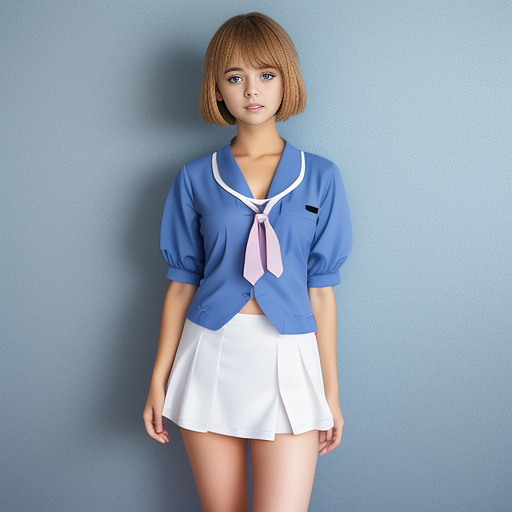 Little tiny girl whit short skirt standing down showing her legs ppointing at camera.
short hair blue color, tie hairstile and cover one eye
 in anime style