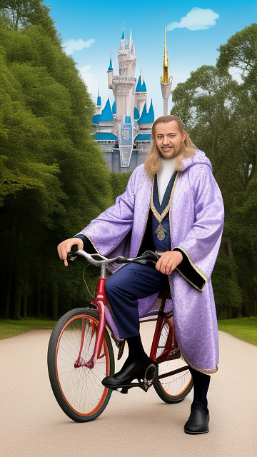 Sergei’s dream man in wizard cloak and with a bicycle  in disney painted style