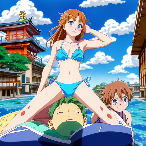 11 year old girl in bikini sitting on top 11 year old boy’s face  in anime style