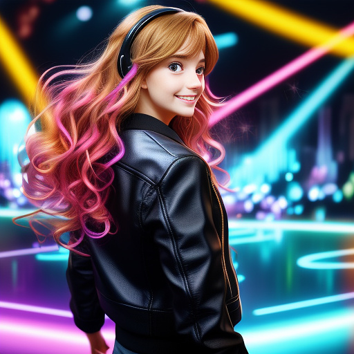 Highly energetic portrait of a young female music performer, golden voluminous wavy hair tossed dramatically, wide open joyful smile, black headphones and black leather jacket, vibrant purple-blue neon gradient stage background with vivid pink and teal light flares, pronounced motion blur on hair tips to emphasize movement, crisp focus on face and eyes, high realism, warm and contrasted cinematic color grading, 1:1 aspect ratio."

 in anime style