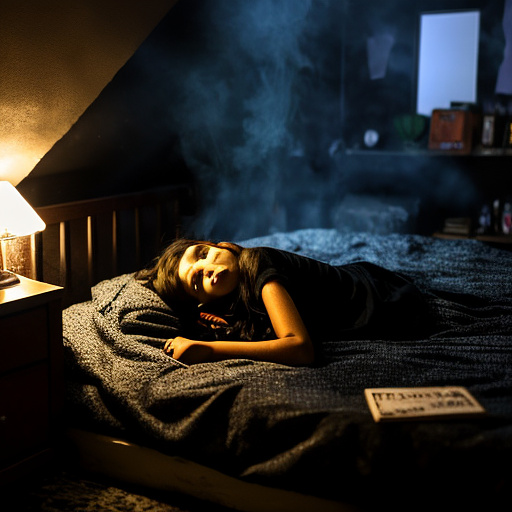 The room is dark, smoky and a mess, the bed is broken. there is an ashtray with an outstanding cigarette on the table. a 13-year-old girl is lying on a bed and crying. in custom style