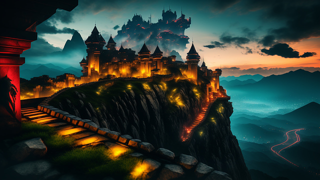  dragon climbing a castle on top of a mountain. the dragon is breathing fire on village below in cyberpunk style