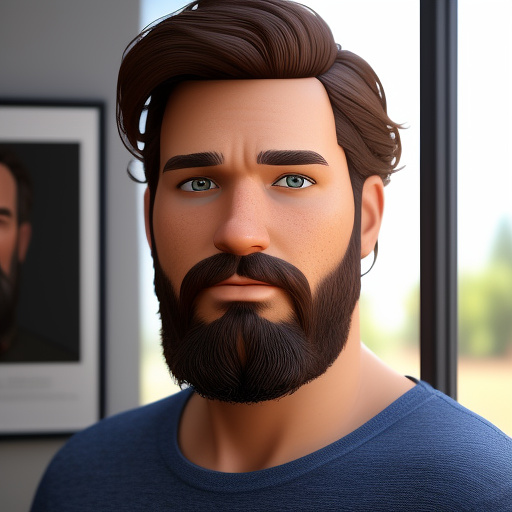 A man with blue white and grey eyes, brown short wavy hair, has lots of freckles has a brown beard and is wearing a red shirt in disney 3d style