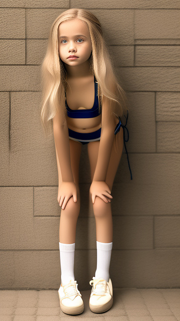 Realistic, detailed 12-year-old, blonde-haired girl, string bikini, full body length, wearing her rubber shoes, wearing her socks, pale skin, cute sexy pose, small cleavage, putting her bare hands on her knees while standing and bending her back. in custom style